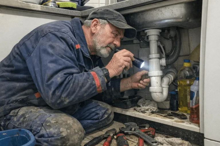 Erfahrener Handwerker bei der Diagnose einer verstopften Rohrleitung