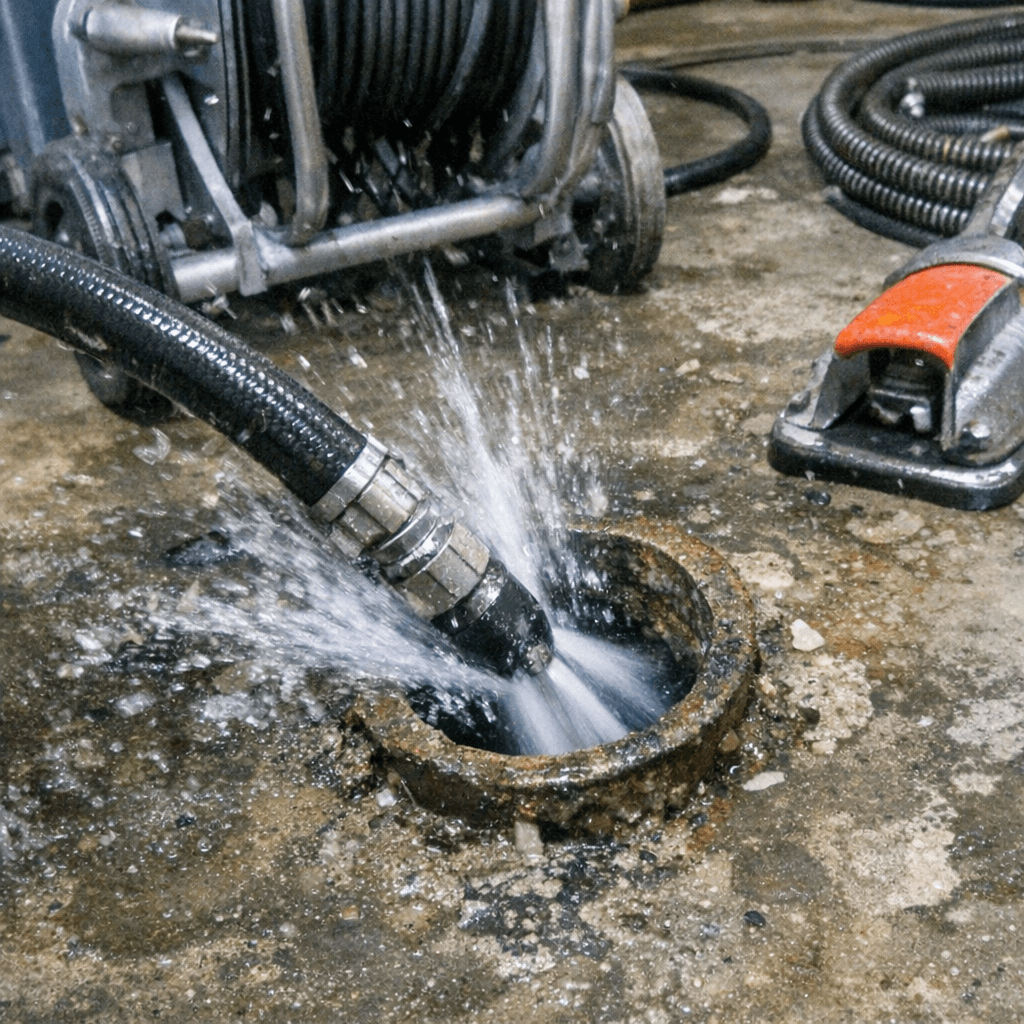 Techniker führt einen Schlauch in einen offenen Zugangsschacht vor einem Einfamilienhaus ein