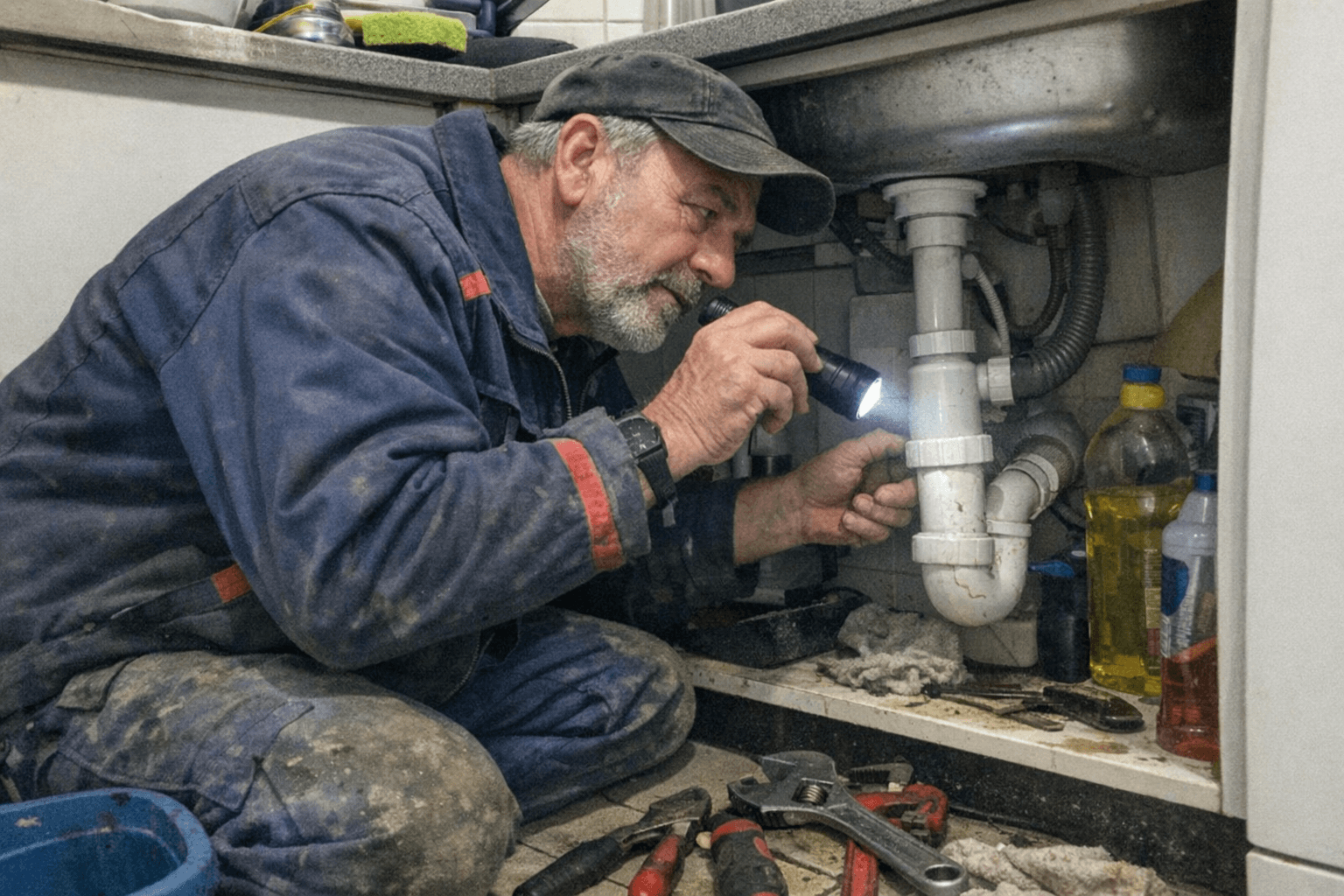 Fachkraft überprüft mittels Kamera den Verlauf einer Abwasserleitung im Keller